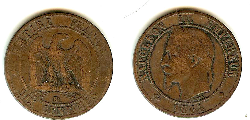 Dix centimes Napoléon III, tête laurée 1864 Strasbourg TB-